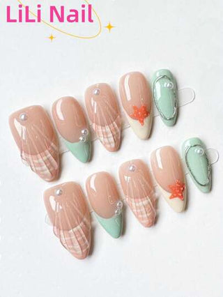 10 قطعة أظافر مصنوعة يدويًا بشكل لوز، أظافر خضراء، أظافر عارية، أظافر بتصميم بسيط للصدف، مناكير فرنسي، شغف الصيف، أظافر وهمية كاملة التغطية للربيع والصيف والخريف والشتاء، مستلزمات فن الأظافر المنزلية DIY، مستلزمات فن الأظافر، قابلة للإزالة وإعادة...