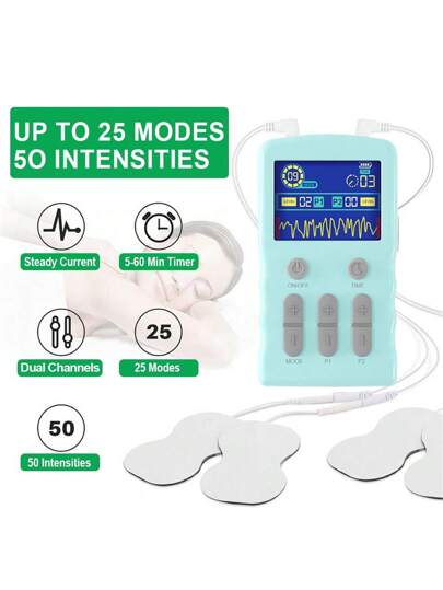 جهاز تحفيز الأعصاب كهربائيًا (تينزس) لمعالجة المتوسطة والمنخفضة التردد، مزود بإخراجين مع 25 نمطًا و50 مستوى شدة، محفز عضلي للظهر والرقبة والأعصاب والكتف والورك والمرفق