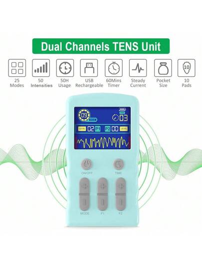 جهاز تحفيز الأعصاب كهربائيًا (تينزس) لمعالجة المتوسطة والمنخفضة التردد، مزود بإخراجين مع 25 نمطًا و50 مستوى شدة، محفز عضلي للظهر والرقبة والأعصاب والكتف والورك والمرفق