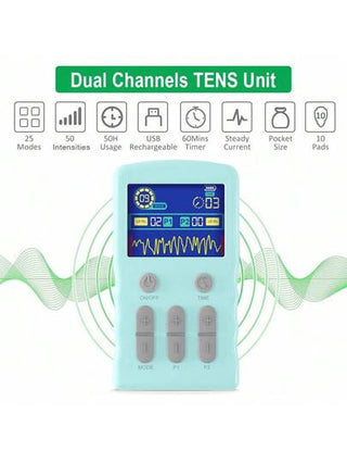 جهاز تحفيز الأعصاب كهربائيًا (تينزس) لمعالجة المتوسطة والمنخفضة التردد، مزود بإخراجين مع 25 نمطًا و50 مستوى شدة، محفز عضلي للظهر والرقبة والأعصاب والكتف والورك والمرفق
