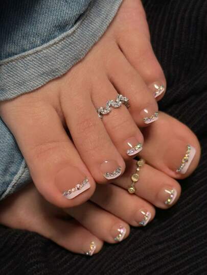 24 قطعة أظافر كاذبة للأصابع (أظافر الأرجل)، أظافر فرنسية، نود تو، أظافر مزينة بأحجار الراين متغيرة اللون، لوحة نصف جاهزة لتطبيق الأظافر ، أظافر كاذبة لامعة ذات تغطية كاملة للاستخدام اليومي، قابلة لإعادة الاستخدام للسيدات، سهلة الارتداء والإزالة، مع...