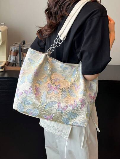 حقيبة تسوق نسائية موضة طباعة زهور، سعة كبيرة مناسبة للتنقل ، ضرورة متعددة الاستخدامات
