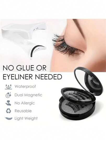 طقم رموش مغناطيسية معاد استخدامها 2 زوج - سهلة الاستخدام، طبيعية المظهر، مقاومة للماء، بدون صمغ، سهلة الارتداء، رموش 3D كاذبة مع أداة تطبيق لمظهر مكياج عيون بارز. رموش مناسبة للأعياد والحفلات.