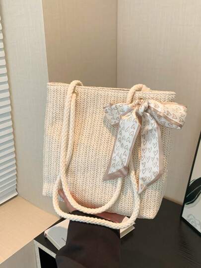 حقيبة يد كبيرة السعة بتصميم محاك عصري للنساء، وشاح حرير بسيط وأنيق للزينة