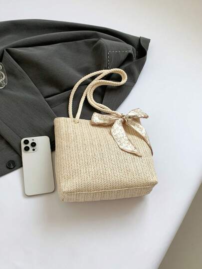 حقيبة يد كبيرة السعة بتصميم محاك عصري للنساء، وشاح حرير بسيط وأنيق للزينة