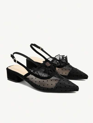 CUCCOO CHICEST حذاء بناطيل رقيقة للنساء ذو كعب منخفض مريح وقابل للتنفس بتصميم نقاط بولكا أنيقة وأنثوية بلون أسود