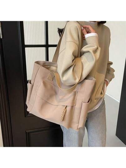 حقيبة كتف للنساء لون بيج من النايلون ، بتصميم بسيط وخفيفة الوزن وسعة كبيرة ، مناسبة للمدرسة والكلية والاستخدام اليومي، متعددة الجيوب