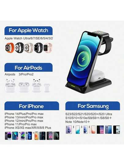 مُحطة شحن لاسلكية متعددة الوظائف 3 في 1 شحن سريع متوافقة مع أجهزة آيفون 16 إلى 3، آيربودز برو الجيل 4 و 3، ساعة آبل، مناسبة للمكتب والسكن الجامعي والمنزل