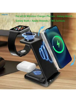مُحطة شحن لاسلكية متعددة الوظائف 3 في 1 شحن سريع متوافقة مع أجهزة آيفون 16 إلى 3، آيربودز برو الجيل 4 و 3، ساعة آبل، مناسبة للمكتب والسكن الجامعي والمنزل