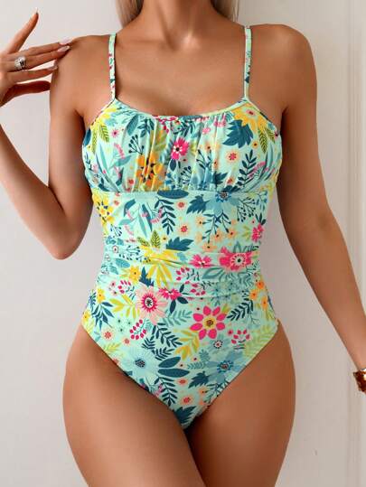 مايوه حريمي قطعة واحدة قطعة واحدة من ملابس السباحة للنساء مزينة بطبعة زهرية، مجعدة من الأمام قابلة للتعديل على أشرطة السباغيتي، مناسبة للاستخدام اليومي في الشاطئ والعطلات الصيفية