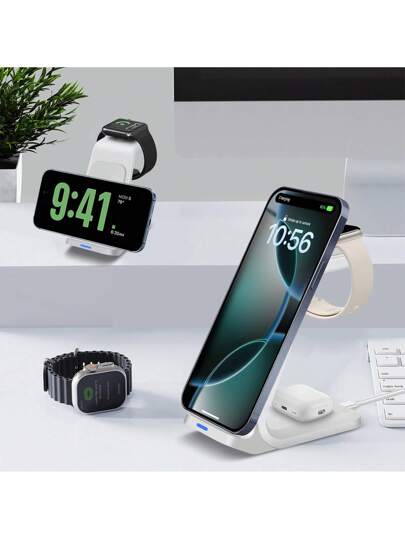 محطة شحن لاسلكي متعددة الوظائف 15 واط 3 في 1 متوافقة مع أجهزة أبل (الهواتف والساعات والسماعات) متوافقة مع أيفون 16 15 14 13 12 11 X 8 برو ماكس/برو/ميني/بلس ، متوافقة مع ساعة آي ووتش ، متوافقة مع إيربودز ، مناسبة للمكتب والمدرسة والمنزل