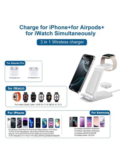 محطة شحن لاسلكي متعددة الوظائف 15 واط 3 في 1 متوافقة مع أجهزة أبل (الهواتف والساعات والسماعات) متوافقة مع أيفون 16 15 14 13 12 11 X 8 برو ماكس/برو/ميني/بلس ، متوافقة مع ساعة آي ووتش ، متوافقة مع إيربودز ، مناسبة للمكتب والمدرسة والمنزل