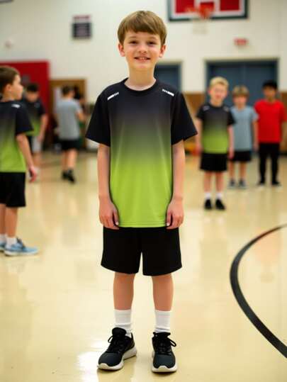 2 قطعة/ المجموعة أزياء أطفال كاجوال من قميص رياضي بطباعة تدرج وشورت أحادي اللون، بذلة قميص كرة القدم للأطفال، مناسب للرياضة والبس اليومي وتدريب الإحماء