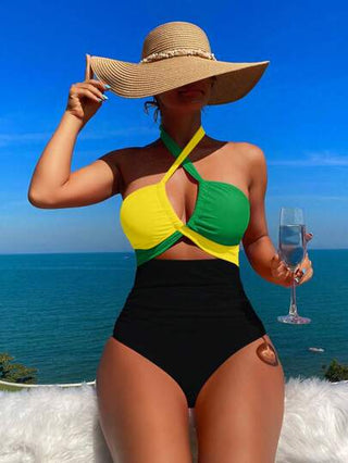 مايوه حريمي قطعة واحدة Swim بدلة سباحة قطعة واحدة للنساء للاصطياف على الشاطئ مع لوحات ملونة متباينة وظهر مكشوف