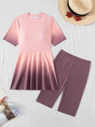 Swim Shayni مجموعة قطعتين من البركيني المكونة من بذلة سباحة وشورت مطبوع بطبعة الأومبير الصيفية الجديدة، من طقم رقبة دائرية وأكمام ¾ بسوستة أمامية