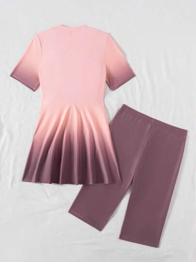 Swim Shayni مجموعة قطعتين من البركيني المكونة من بذلة سباحة وشورت مطبوع بطبعة الأومبير الصيفية الجديدة، من طقم رقبة دائرية وأكمام ¾ بسوستة أمامية