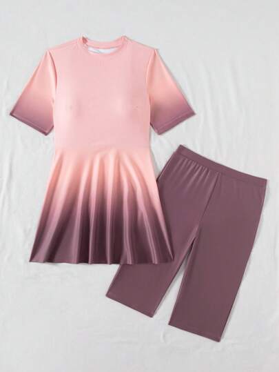 Swim Shayni مجموعة قطعتين من البركيني المكونة من بذلة سباحة وشورت مطبوع بطبعة الأومبير الصيفية الجديدة، من طقم رقبة دائرية وأكمام ¾ بسوستة أمامية