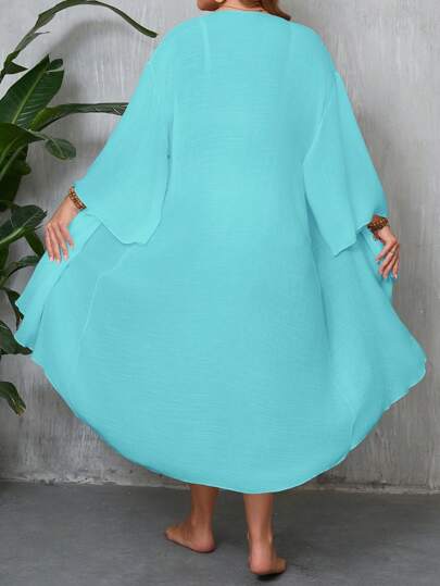 Swim Lushoire ثوب أسود بسيط وناضج لحجم كبير للستات، لتغطية البحر، فضفاض وخفيف الوزن، ملابس سباحة طويلة الأكمام ماكسي روب موضة