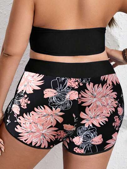 SHEIN Swim Curve بوت سباحة سفلي عشوائي الطباعة الرقمية للسيدات مقاسات كبيرة ، كاجوال للرياضة والشاطئ