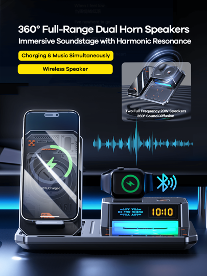 REMAX شاحن لاسلكي سريع محسن، اكسسوارات المكتب، شحن لاسلكي سريع متعدد الأجهزة ساعة نسائية/ساعة رجالية/هاتف/سماعات أذن/ سماعات أذن لاسلكية، مع مكبر صوت لاسلكي، حامل هاتف قابل للتعديل، إضاءة محيطة قابلة للتعديل RGB، ساعة إلكترونية، أسود/أبيض، مكتبي