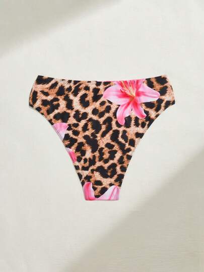 SHEIN Swim Curve أسفل بكيني بطبعة أزهار وفهد للأحجام الكبيرة, لحمام السباحة في فصل الصيف