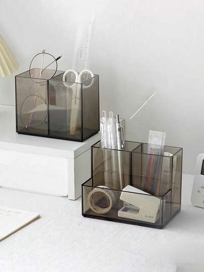 قطعة واحدة من حامل أقلام شفاف من الاكريليك ذو 3 أقسام ، منظم مكتبي رفيع المستوى ذو طابع بسيط للمكتب/الطالب