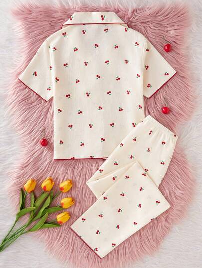 بيجاما بنطلون طويل وبلوزة قصيرة الأكمام فضفاضة مجموعة بيجاما مكونة من قطعتين للفتيات في سن المراهقة مزخرف بطباعة الكرز البرتقالي الجميلة