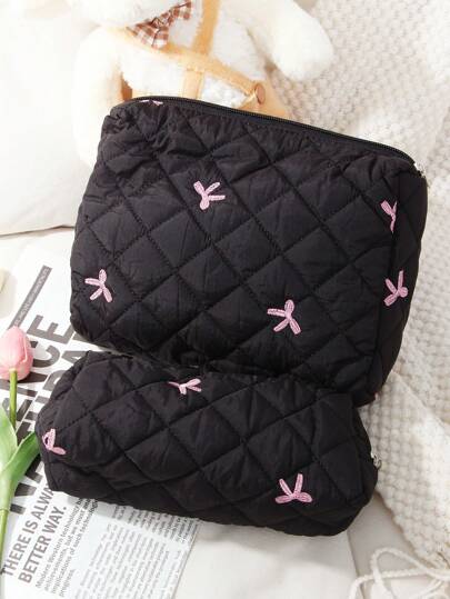 1 حقيبة مكياج بفيونكة سوداء، سعة كبيرة أنيقة وعملية، حقيبة تخزين مسطحة، مناسبة لفوط صحية، حصيرة، سماعات سلكية، سماعات رأس، شاحن، أحمر شفاه، مستحضرات تجميل، ديكور المنزل، مناسبة للأمهات، الطلاب، الموظفات، موظفي المكتب، المفاتيح، هدايا العطلات