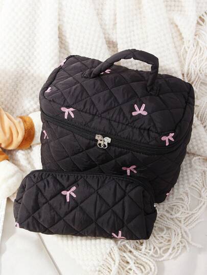 1 حقيبة مكياج بفيونكة سوداء، سعة كبيرة أنيقة وعملية، حقيبة تخزين مسطحة، مناسبة لفوط صحية، حصيرة، سماعات سلكية، سماعات رأس، شاحن، أحمر شفاه، مستحضرات تجميل، ديكور المنزل، مناسبة للأمهات، الطلاب، الموظفات، موظفي المكتب، المفاتيح، هدايا العطلات