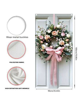 1 قطعة بانر باب ذو موضوع إكليل ربيعي باللون الوردي، تصميم إكليل وردي رومانسي، مناسب لديكور باب حفل الزفاف، بانر ديكور المدخل، من أقمشة البوليستر