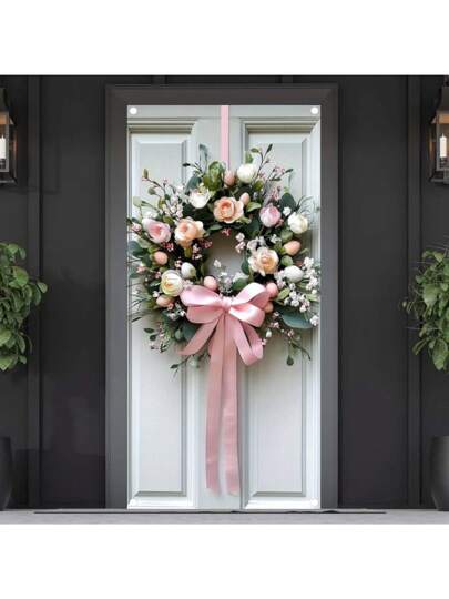 1 قطعة بانر باب ذو موضوع إكليل ربيعي باللون الوردي، تصميم إكليل وردي رومانسي، مناسب لديكور باب حفل الزفاف، بانر ديكور المدخل، من أقمشة البوليستر