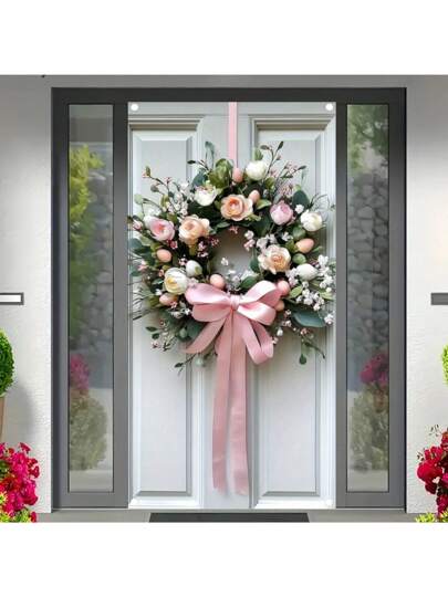 1 قطعة بانر باب ذو موضوع إكليل ربيعي باللون الوردي، تصميم إكليل وردي رومانسي، مناسب لديكور باب حفل الزفاف، بانر ديكور المدخل، من أقمشة البوليستر