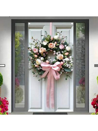 1 قطعة بانر باب ذو موضوع إكليل ربيعي باللون الوردي، تصميم إكليل وردي رومانسي، مناسب لديكور باب حفل الزفاف، بانر ديكور المدخل، من أقمشة البوليستر