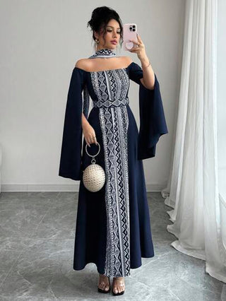 فساتين حريمي Rafferiza فستان طويل للنساء بخصر مربوط ويناسب الخصر، بطبعات رجعية من قطع مختلفة بدون أكتاف