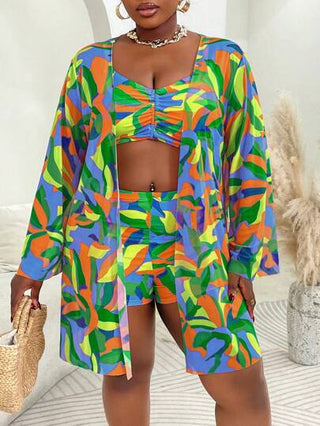 SHEIN Slayr CURVE طقم ملابس سباحة 3 قطع بمقاس كبير مع غطاء، تشكيلة متنوعة من الطبعات العشوائية، تصميم بسيط، للنساء في العطلات الصيفية والملابس الشاطئية