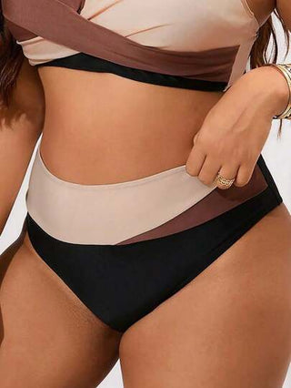 SHEIN Swim Curve بيكيني مقاس كبير للسيدات المكون من أسفل ذو خطوط ملونة ذات خصر عالٍ وتصميم مثلث بسيط، ملابس شاطئية أنيقة وجذابة للإجازة