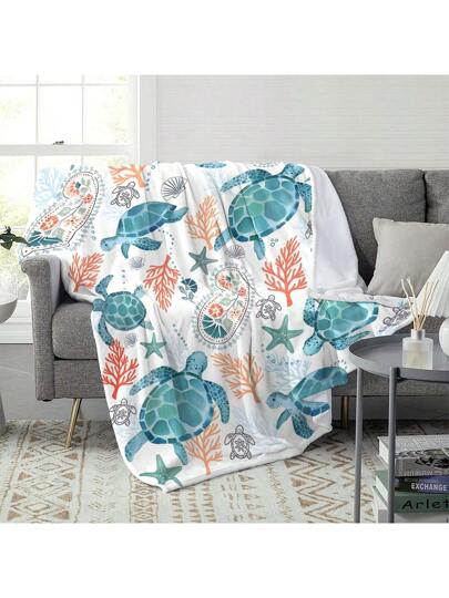 بطانية مصنوعة من قماش القطيفة والشعيرات الطرية مخططة بالسلاحف والمرجان والنجوم البحرية والحياة البحرية، خفيفة الوزن مناسبة لكافة المواسم، رائعة للسفر، الهدايا وديكور المنزل الساحلي، قماش مريح ذو تصميم مستوحى من الأجواء البحرية