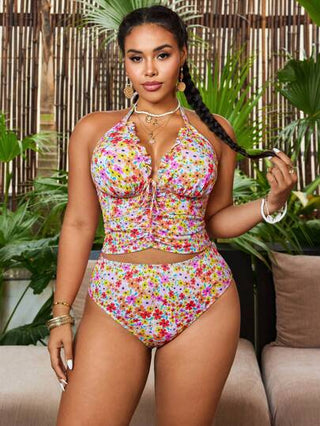 SHEIN Swim Curve بلوزة خياطة مرتفعة + سروال رياضي قطعتين ، وردي مزخرف بنقشة زهرية عشوائية ، ملائم لصيف المرأة البدينة ، ديزاين بسيط وكاجوال