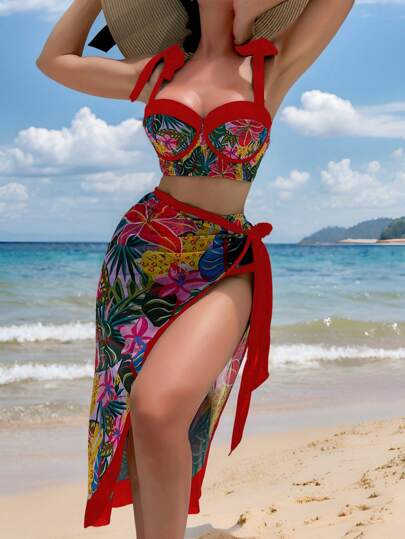 Swim Oasis طقم بكيني للنساء 3 قطع: بدلة سباحة ذات أشرطة + سروال بيكيني مثلث + تنورة ساسبوند