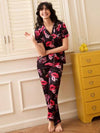 Chillnights طقم ملابس علوية قصيرة الأكمام مع سراويل بشريط أمامي للسيدات، بزهور الكرز