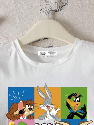 تيشيرتات بناتي LOONEY TUNES X تي شيرت قطني أبيض بأكمام قصيرة وياقة طاقم، نمط شبكي كارتوني، مريح للفتيات في عمر المراهقة، للصيف