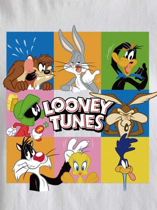 تيشيرتات بناتي LOONEY TUNES X تي شيرت قطني أبيض بأكمام قصيرة وياقة طاقم، نمط شبكي كارتوني، مريح للفتيات في عمر المراهقة، للصيف