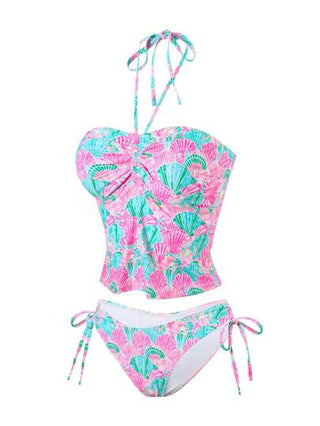 طقم تانكيني حريمي Swim Mod مجموعة من قطعتين، توب بحمالات رفيعة مطبوع بتصميمات عشوائية وبكيني سفلي بسحاب ، ملابس سباحة صيفية مثيرة للنساء