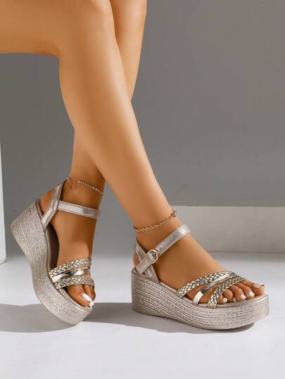 صنادل كاجوال مريحة ونعل سميك مانع للانزلاق بكعب منخفض، ذات حزام مضفر مناسبة للسيدات البدينات، مناسبة للارتداء اليومي والأحداث الخاصة والتناسق مع الملابس، تصميم خفيف الوزن