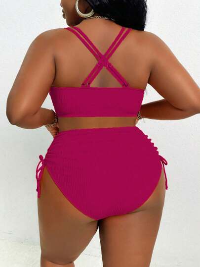Slaydiva مجموعة بدلة سباحة أنيقة وجذابة مقاس كبير للنساء من قطعتين: ملابس علوية بنمط يربط من الصدر مع أربطة على الكتف، مقرنن مع أسفل مثلث مجعد له سحب الحبل