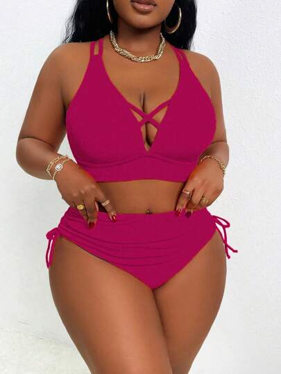 Slaydiva مجموعة بدلة سباحة أنيقة وجذابة مقاس كبير للنساء من قطعتين: ملابس علوية بنمط يربط من الصدر مع أربطة على الكتف، مقرنن مع أسفل مثلث مجعد له سحب الحبل