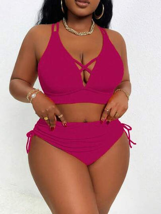 Slaydiva مجموعة بدلة سباحة أنيقة وجذابة مقاس كبير للنساء من قطعتين: ملابس علوية بنمط يربط من الصدر مع أربطة على الكتف، مقرنن مع أسفل مثلث مجعد له سحب الحبل