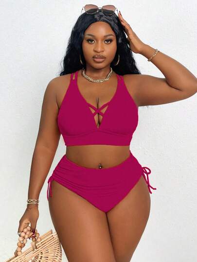 Slaydiva مجموعة بدلة سباحة أنيقة وجذابة مقاس كبير للنساء من قطعتين: ملابس علوية بنمط يربط من الصدر مع أربطة على الكتف، مقرنن مع أسفل مثلث مجعد له سحب الحبل