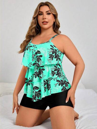 Swim Lushoire طقم مقاس كبير 2 قطعة، ملابس علوية محصورة بطبعة زهرية فضفاضة وشورت ذو خصر مرتفع بطباعة عشوائية للنباتات، طقم بيكيني سباحة للنساء