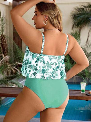 Swim Lushoire مجموعة بكيني مكونة من 2 قطعة، توب كروي الرقبة مطبوع بنقوش الأزهار الأزرق والأبيض مع قصات مكسرة، وسروال منتصف الخصر المطوي للسيدات المليئات الأجسام